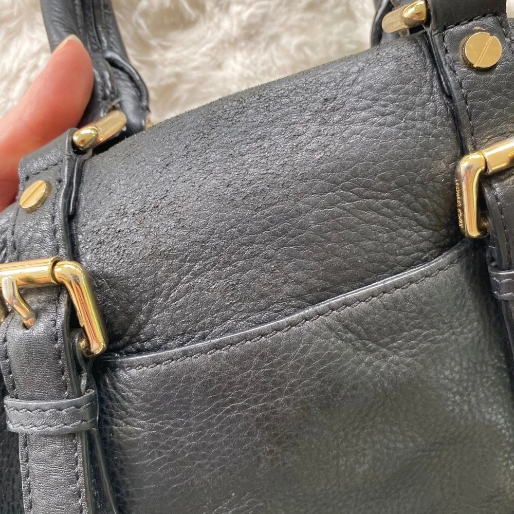 Michael Kors Satchel Handbag Black Pebbled Leather Gold Buckle Hardware Classic